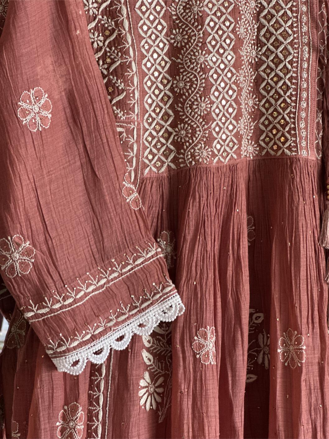 Copper Rust Shade Malmal Mukaish Kamdani Chikankari Kalidar Angarkha