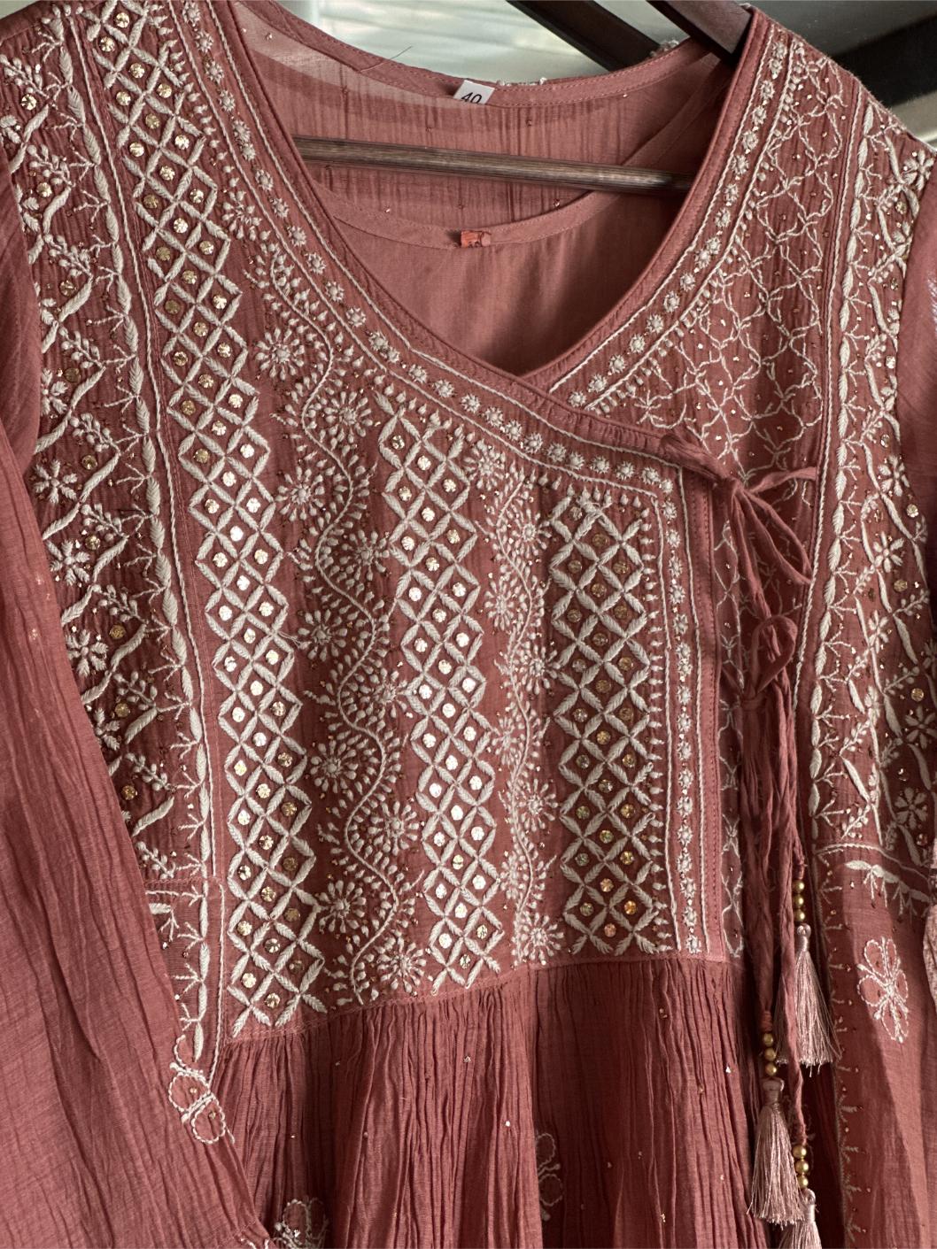 Copper Rust Shade Malmal Mukaish Kamdani Chikankari Kalidar Angarkha