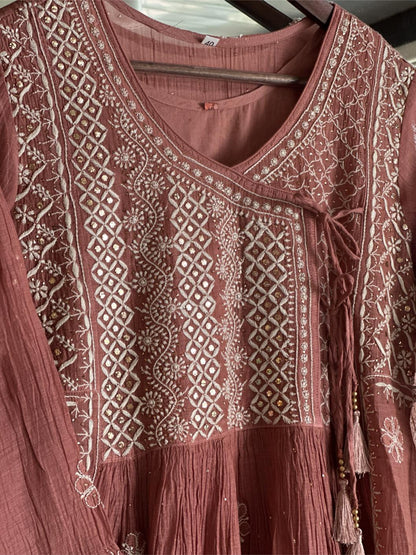 Copper Rust Shade Malmal Mukaish Kamdani Chikankari Kalidar Angarkha
