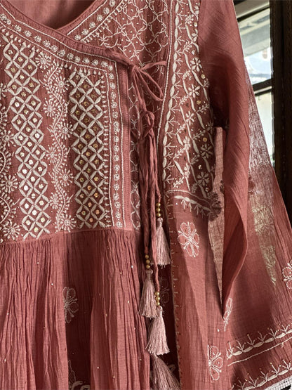 Copper Rust Shade Malmal Mukaish Kamdani Chikankari Kalidar Angarkha