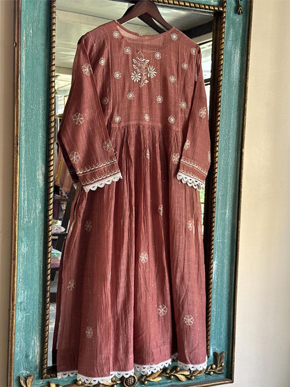 Copper Rust Shade Malmal Mukaish Kamdani Chikankari Kalidar Angarkha