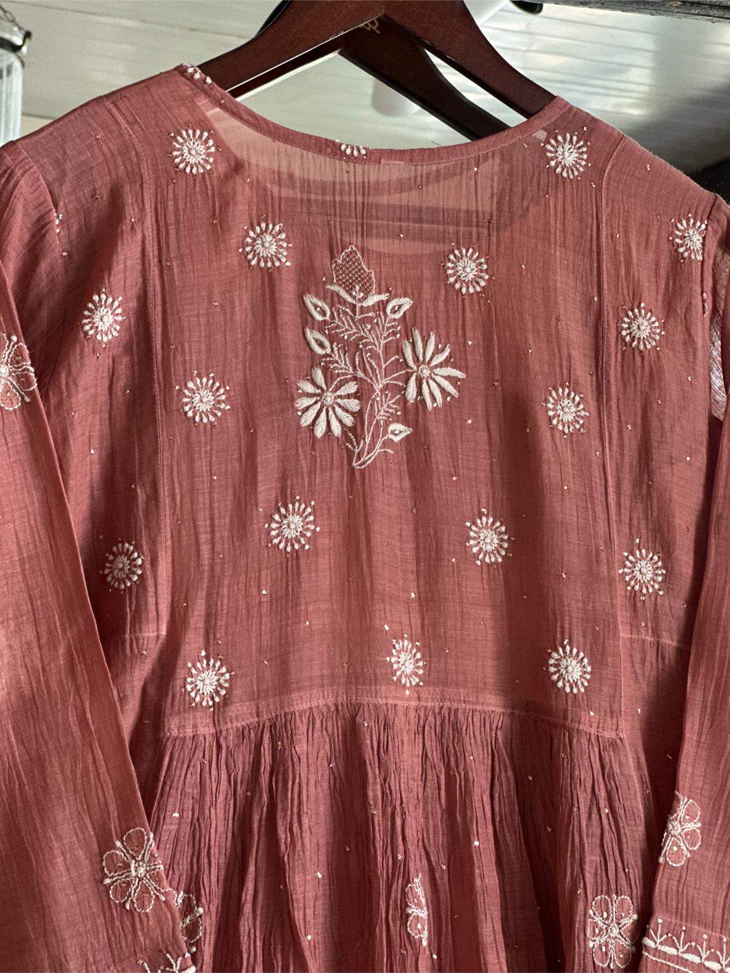 Copper Rust Shade Malmal Mukaish Kamdani Chikankari Kalidar Angarkha