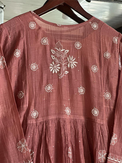 Copper Rust Shade Malmal Mukaish Kamdani Chikankari Kalidar Angarkha
