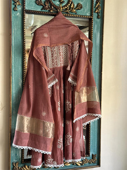 Copper Rust Shade Malmal Mukaish Kamdani Chikankari Kalidar Angarkha
