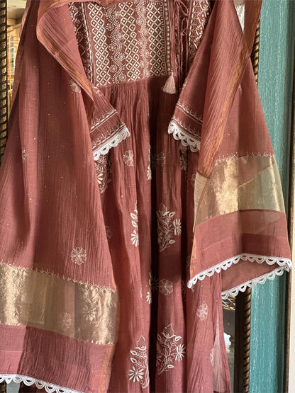 Copper Rust Shade Malmal Mukaish Kamdani Chikankari Kalidar Angarkha