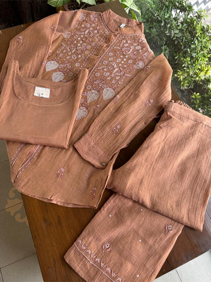 Copper Rust Shade Tissue Silk Chikankari Co-Ord Set
