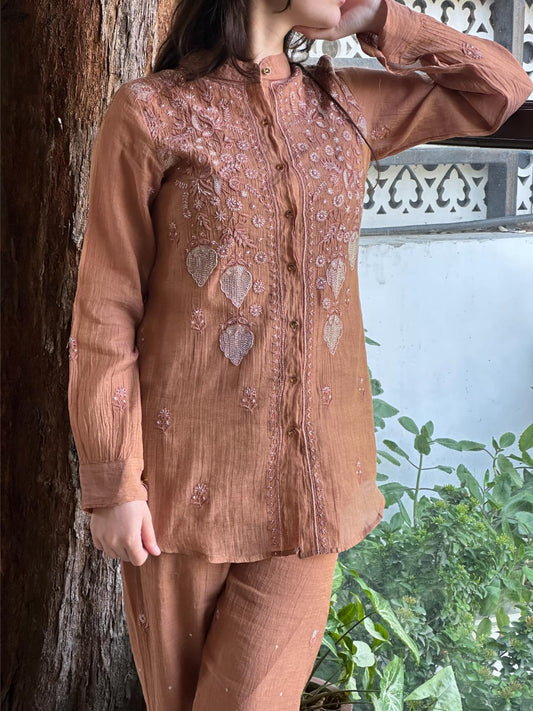 Copper Rust Shade Tissue Silk Chikankari Co-Ord Set