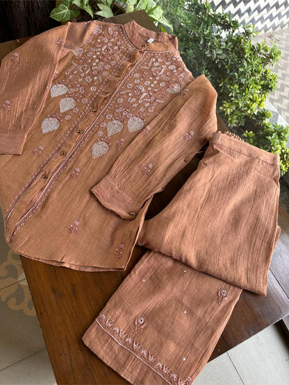 Copper Rust Shade Tissue Silk Chikankari Co-Ord Set