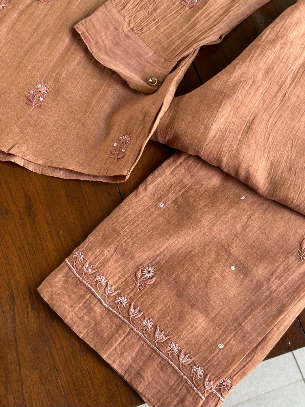 Copper Rust Shade Tissue Silk Chikankari Co-Ord Set