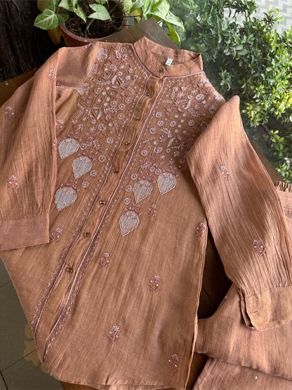 Copper Rust Shade Tissue Silk Chikankari Co-Ord Set