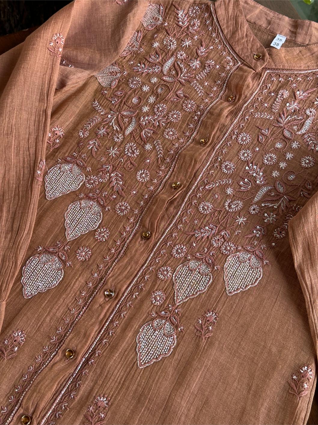 Copper Rust Shade Tissue Silk Chikankari Co-Ord Set