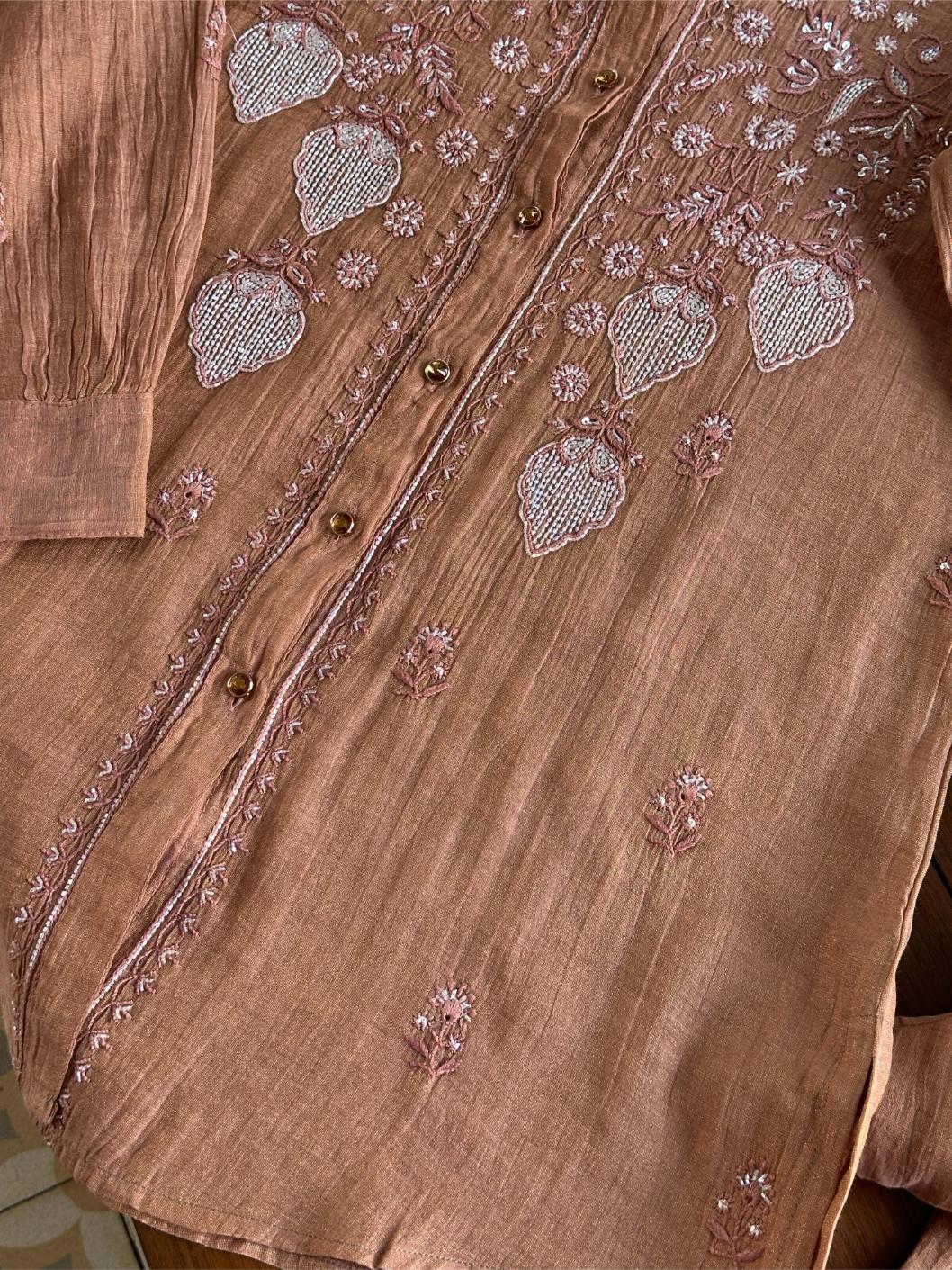 Copper Rust Shade Tissue Silk Chikankari Co-Ord Set