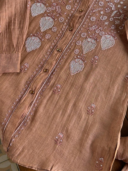 Copper Rust Shade Tissue Silk Chikankari Co-Ord Set