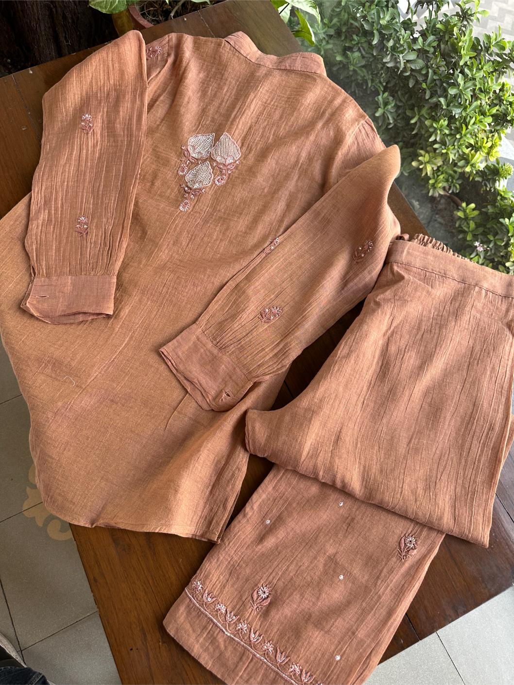 Copper Rust Shade Tissue Silk Chikankari Co-Ord Set