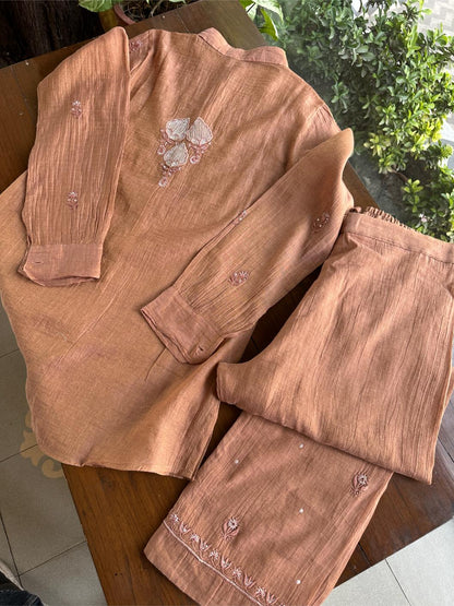 Copper Rust Shade Tissue Silk Chikankari Co-Ord Set