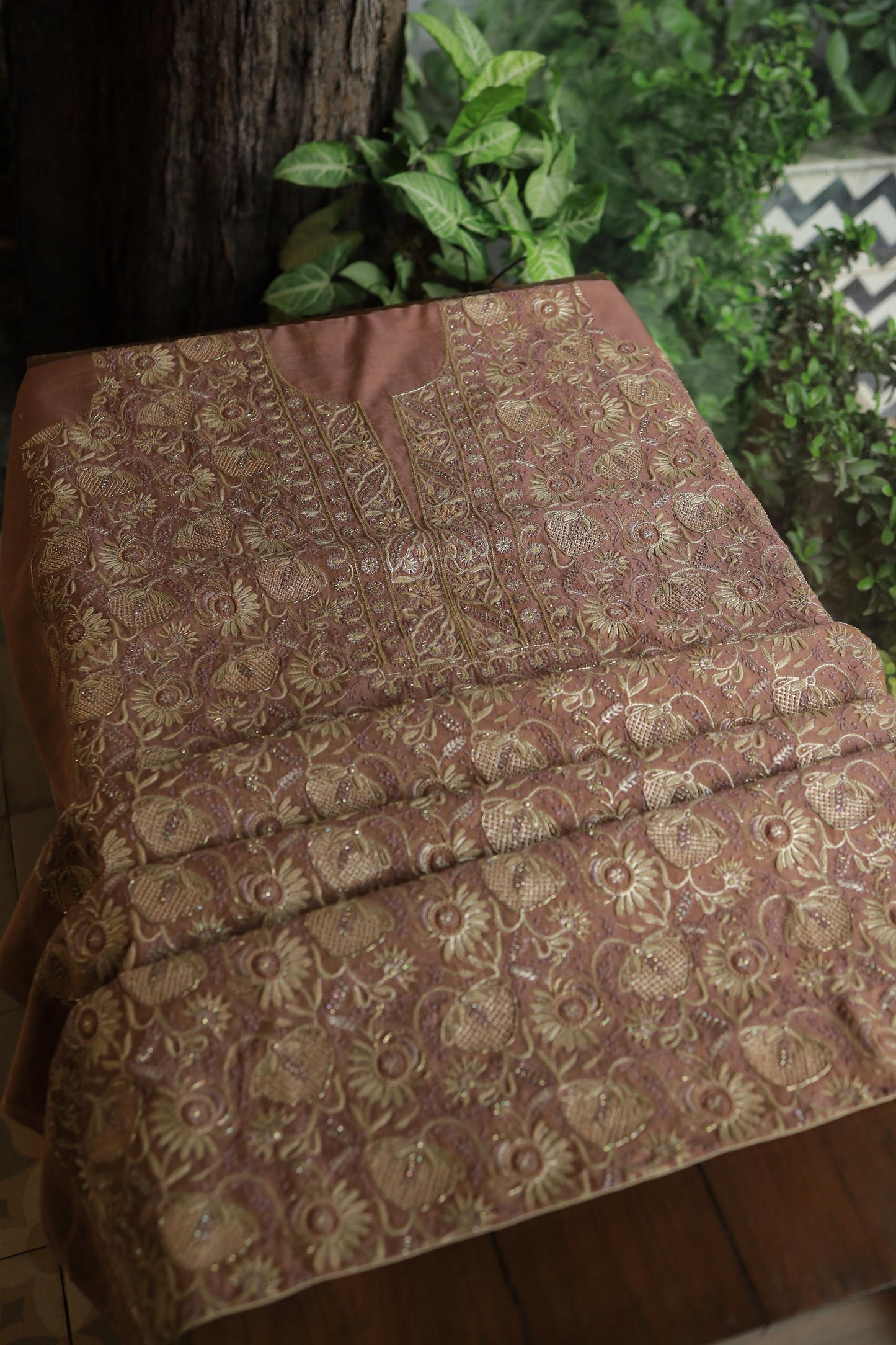 Copper Shade Shade Roheen Tissue Silk Chikankari Unstitched Fabric