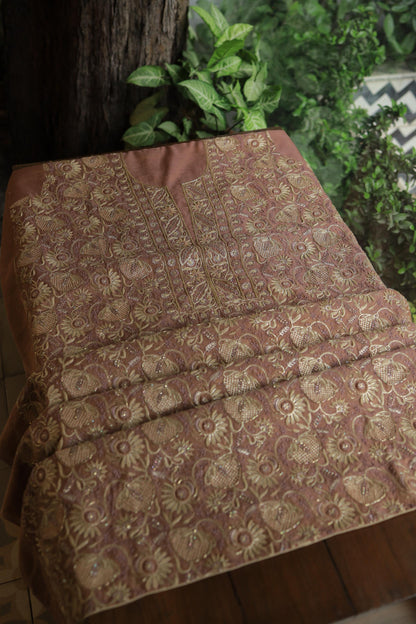 Copper Shade Shade Roheen Tissue Silk Chikankari Unstitched Fabric