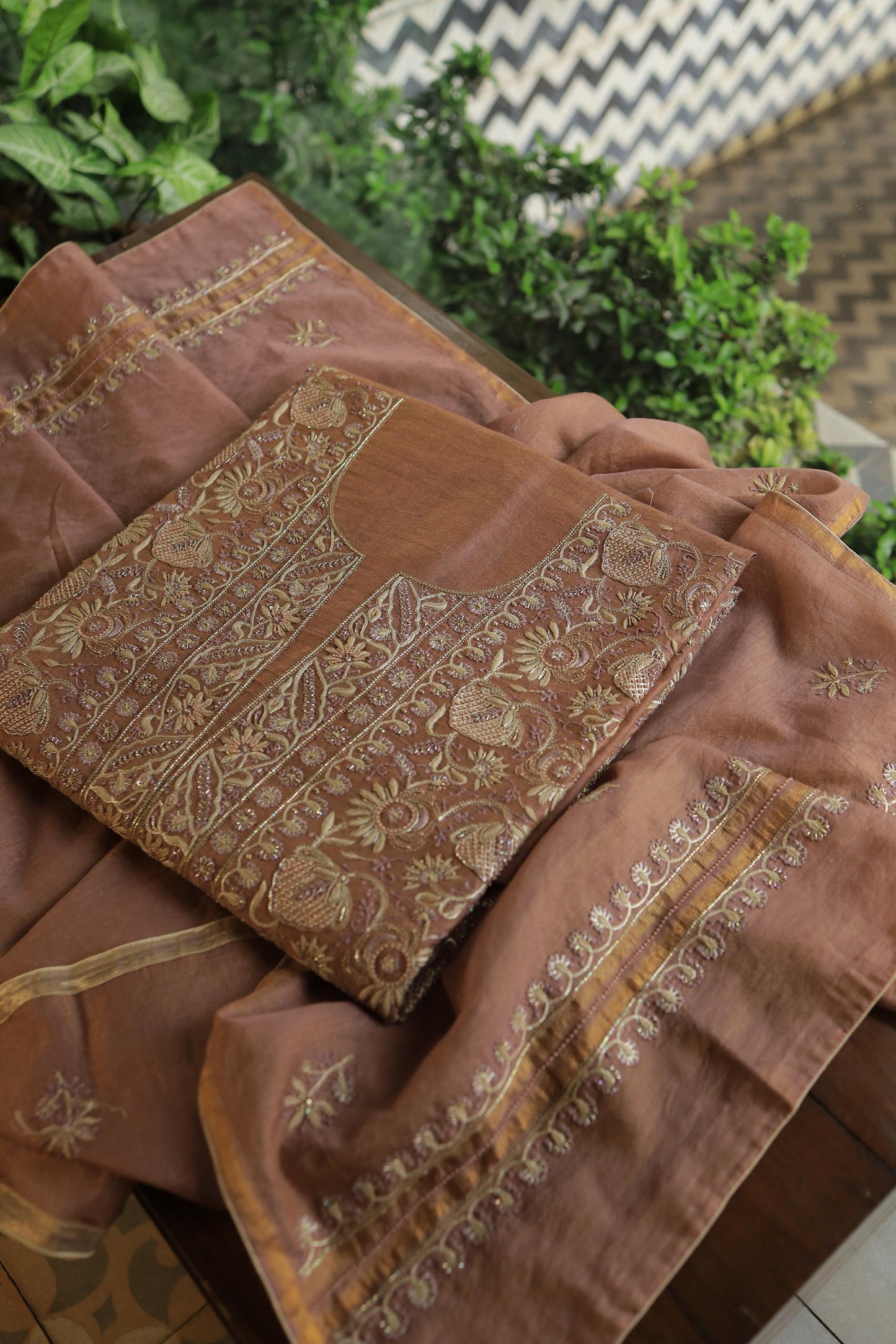 Copper Shade Shade Roheen Tissue Silk Chikankari Unstitched Fabric