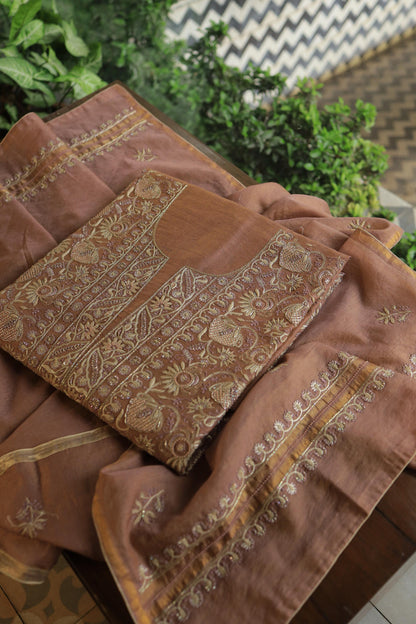 Copper Shade Shade Roheen Tissue Silk Chikankari Unstitched Fabric