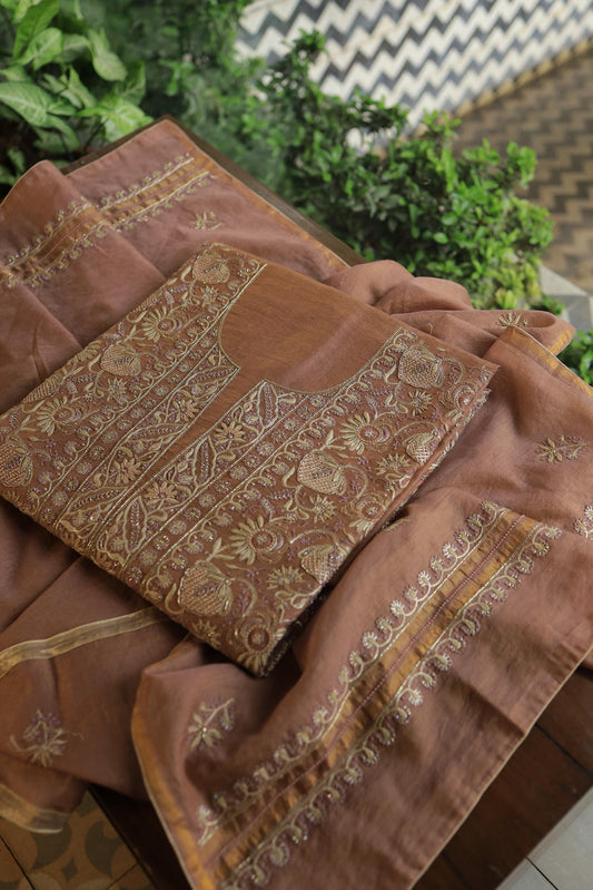Copper Shade Shade Roheen Tissue Silk Chikankari Unstitched Fabric