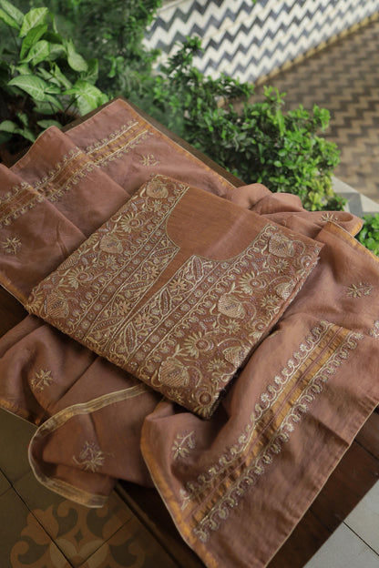 Copper Shade Shade Roheen Tissue Silk Chikankari Unstitched Fabric