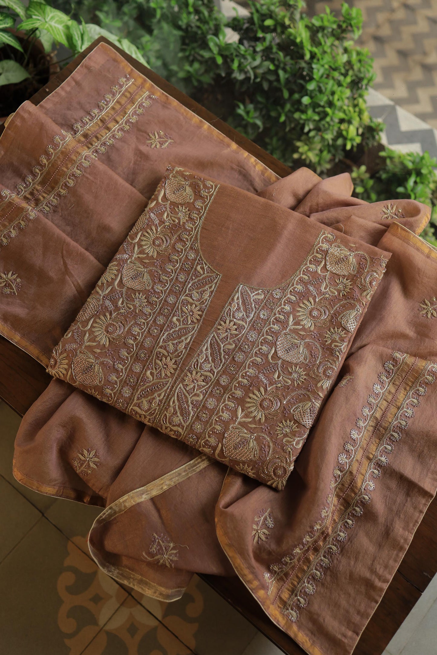 Copper Shade Shade Roheen Tissue Silk Chikankari Unstitched Fabric