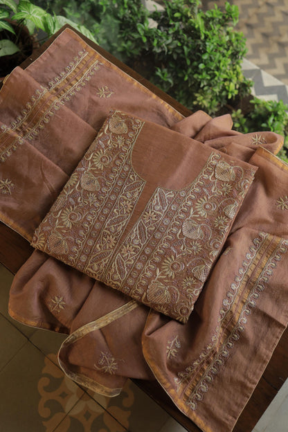 Copper Shade Shade Roheen Tissue Silk Chikankari Unstitched Fabric