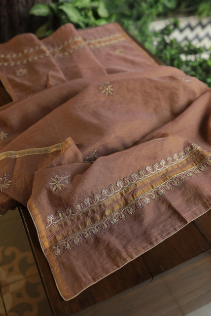 Copper Shade Shade Roheen Tissue Silk Chikankari Unstitched Fabric