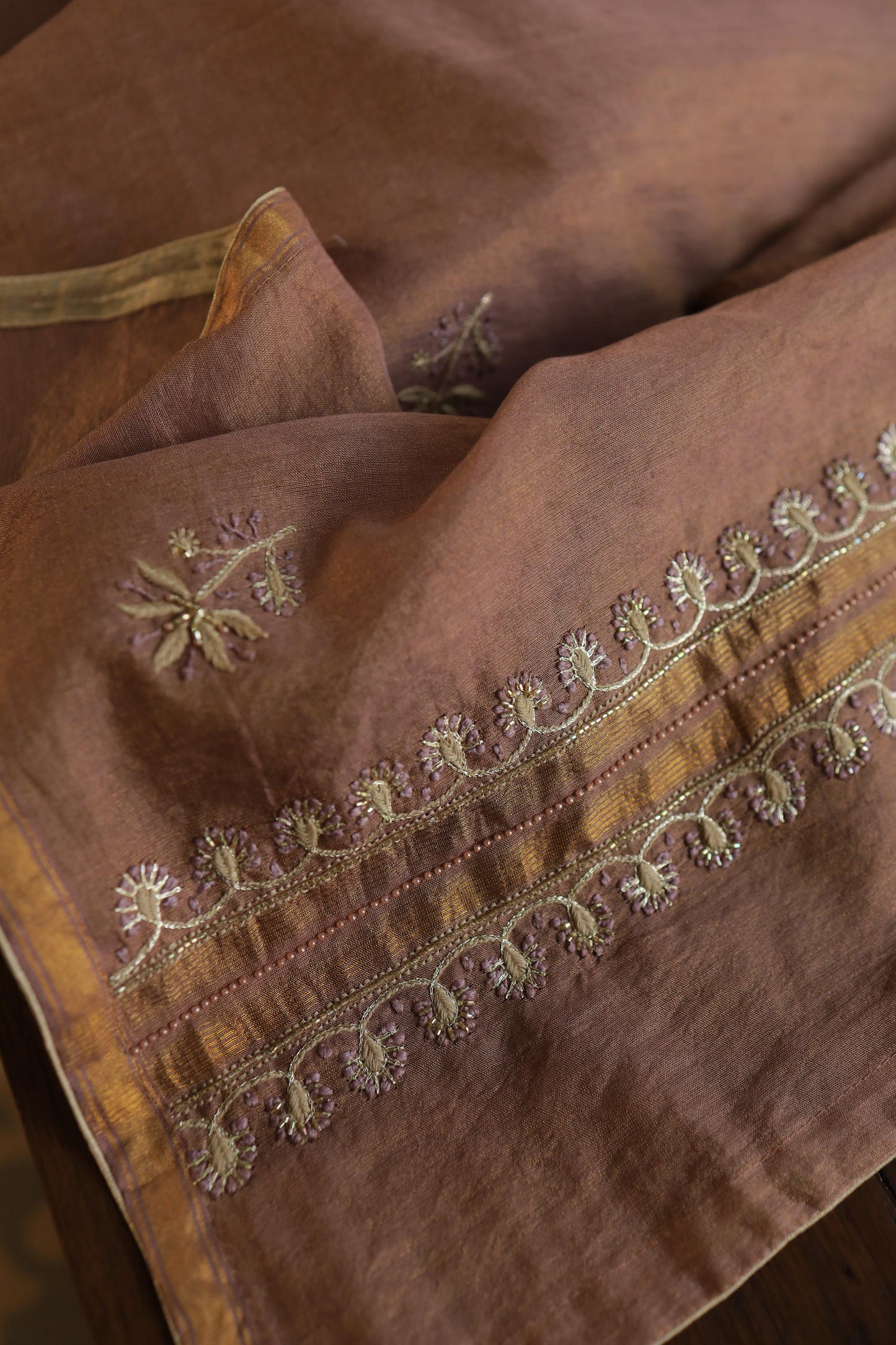 Copper Shade Shade Roheen Tissue Silk Chikankari Unstitched Fabric