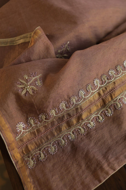 Copper Shade Shade Roheen Tissue Silk Chikankari Unstitched Fabric