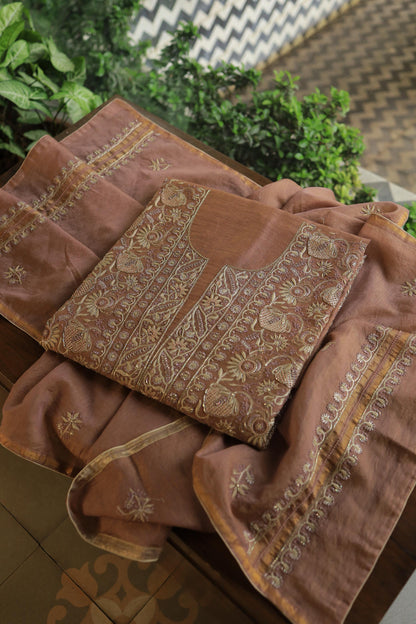 Copper Shade Shade Roheen Tissue Silk Chikankari Unstitched Fabric