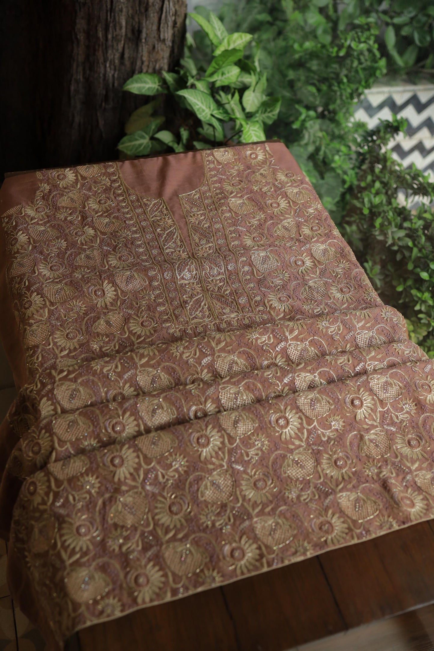 Copper Shade Shade Roheen Tissue Silk Chikankari Unstitched Fabric