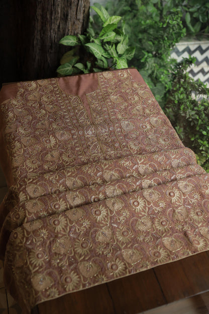 Copper Shade Shade Roheen Tissue Silk Chikankari Unstitched Fabric