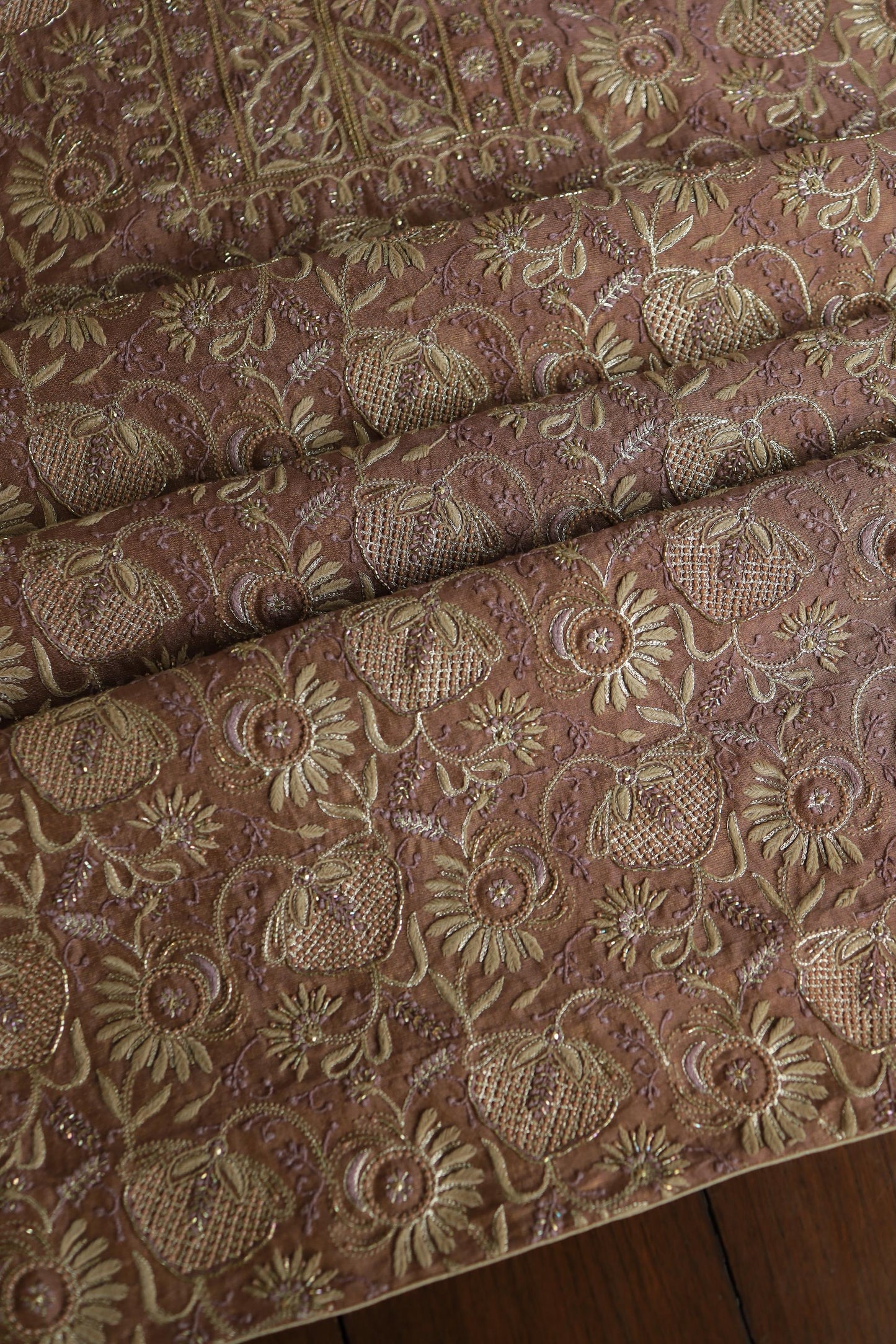 Copper Shade Shade Roheen Tissue Silk Chikankari Unstitched Fabric