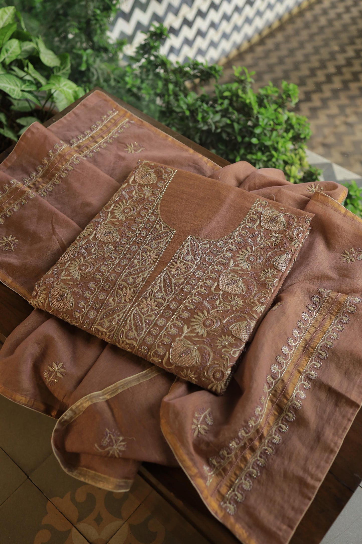 Copper Shade Shade Roheen Tissue Silk Chikankari Unstitched Fabric