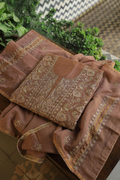 Copper Shade Shade Roheen Tissue Silk Chikankari Unstitched Fabric