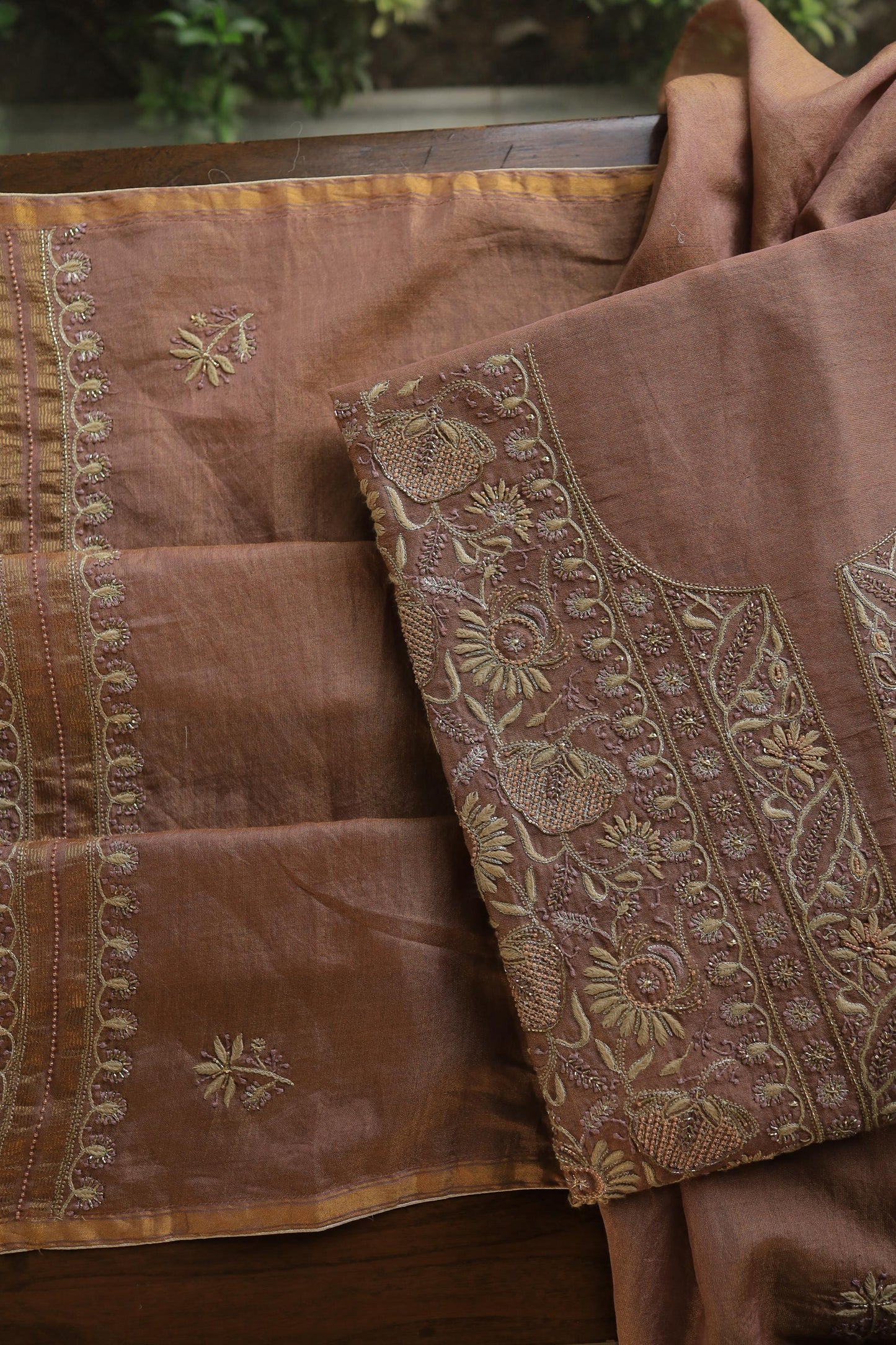Copper Shade Shade Roheen Tissue Silk Chikankari Unstitched Fabric