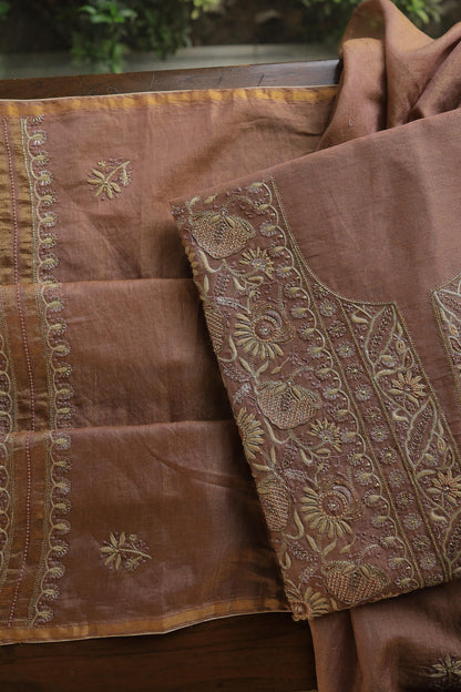 Copper Shade Shade Roheen Tissue Silk Chikankari Unstitched Fabric