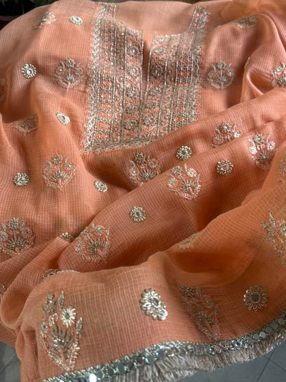 Coral Peach Handloom Kota Chikankari With Mirror Work Unstitched Kurta Dupatta Set