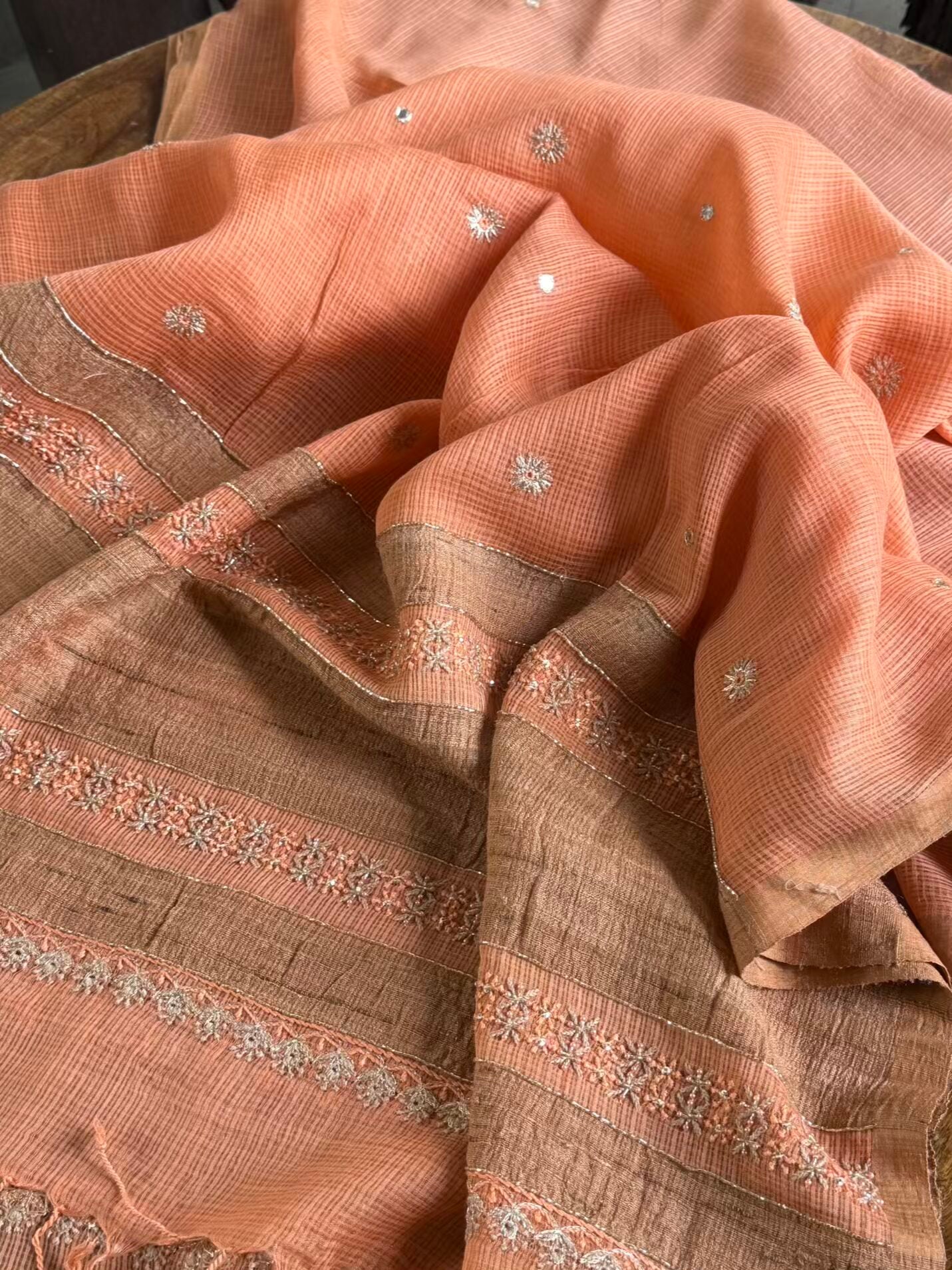 Coral Peach Handloom Kota Chikankari With Mirror Work Unstitched Kurta Dupatta Set