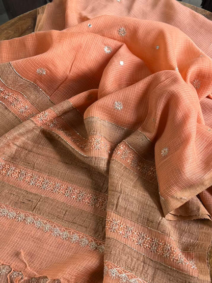 Coral Peach Handloom Kota Chikankari With Mirror Work Unstitched Kurta Dupatta Set