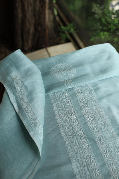 Coral Blue Linen Chikankari Unstitched Men's Kurtas Fabric