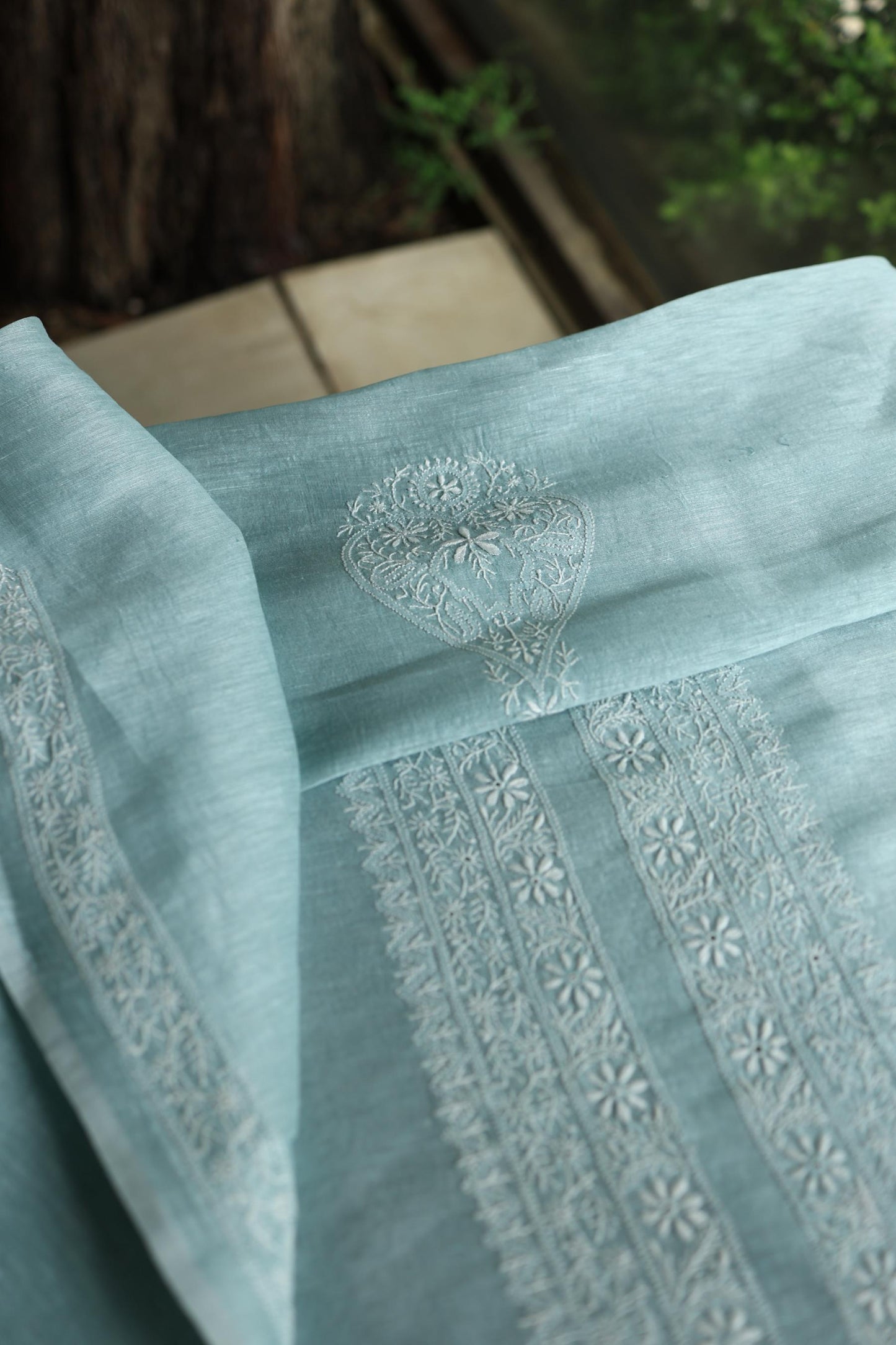 Coral Blue Linen Chikankari Unstitched Men's Kurtas Fabric