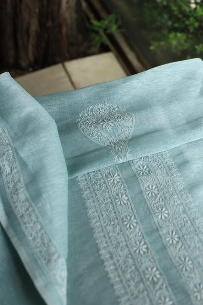 Coral Blue Linen Chikankari Unstitched Men's Kurtas Fabric