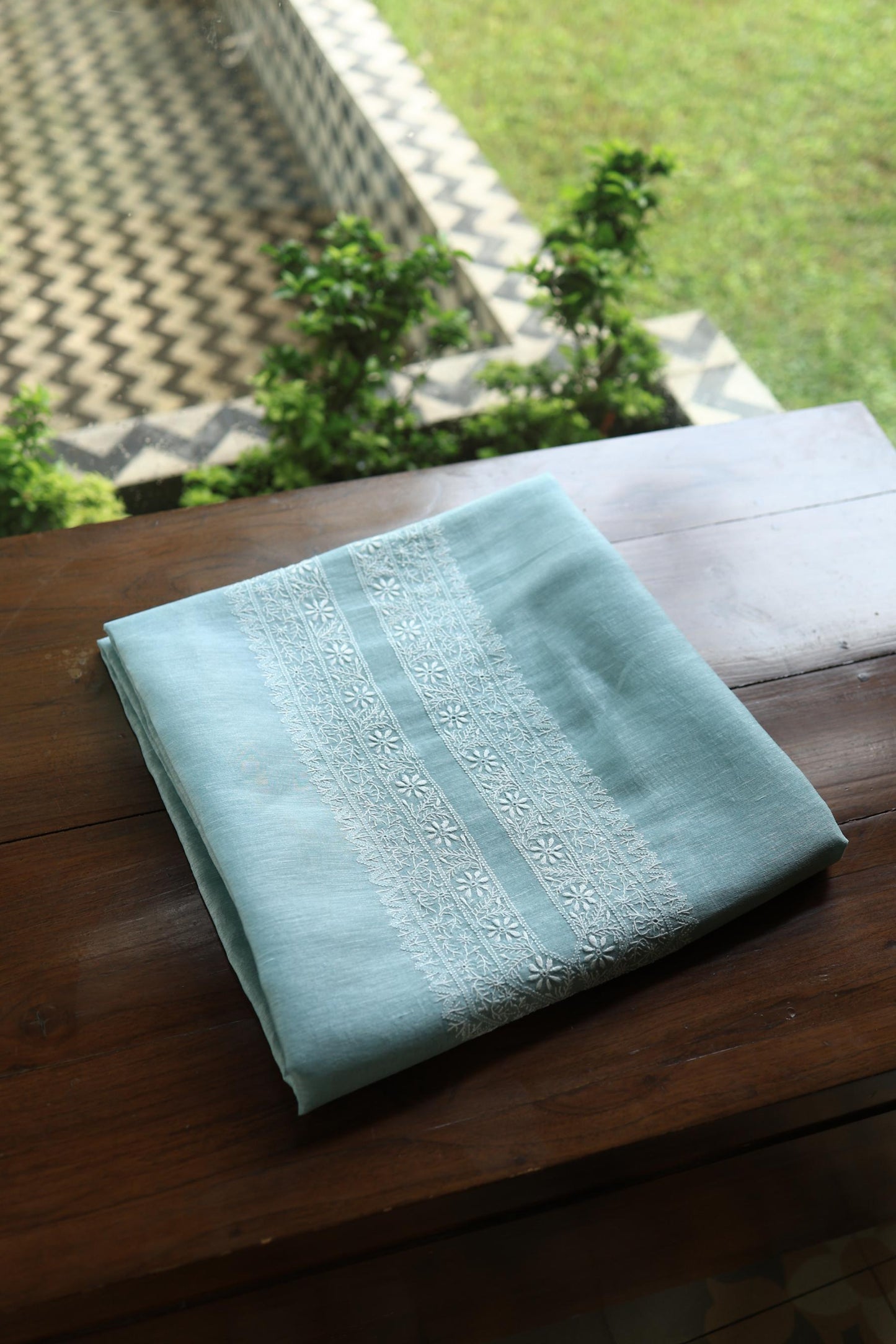 Coral Blue Linen Chikankari Unstitched Men's Kurtas Fabric