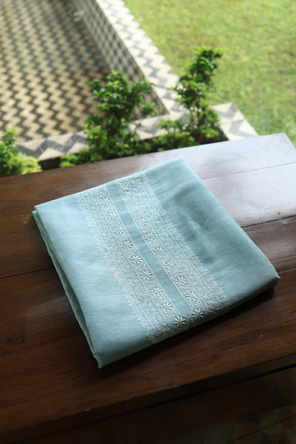 Coral Blue Linen Chikankari Unstitched Men's Kurtas Fabric