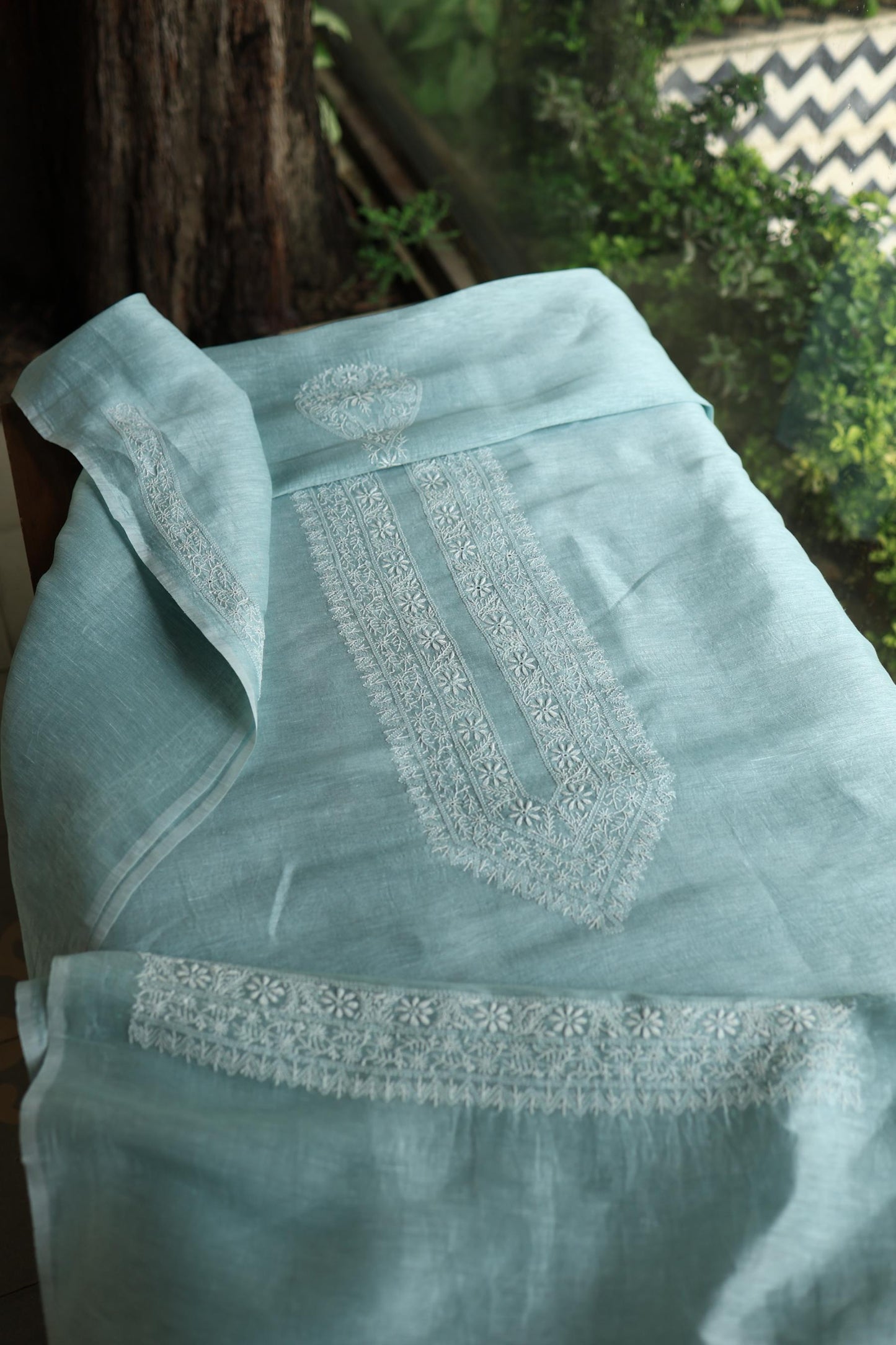 Coral Blue Linen Chikankari Unstitched Men's Kurtas Fabric