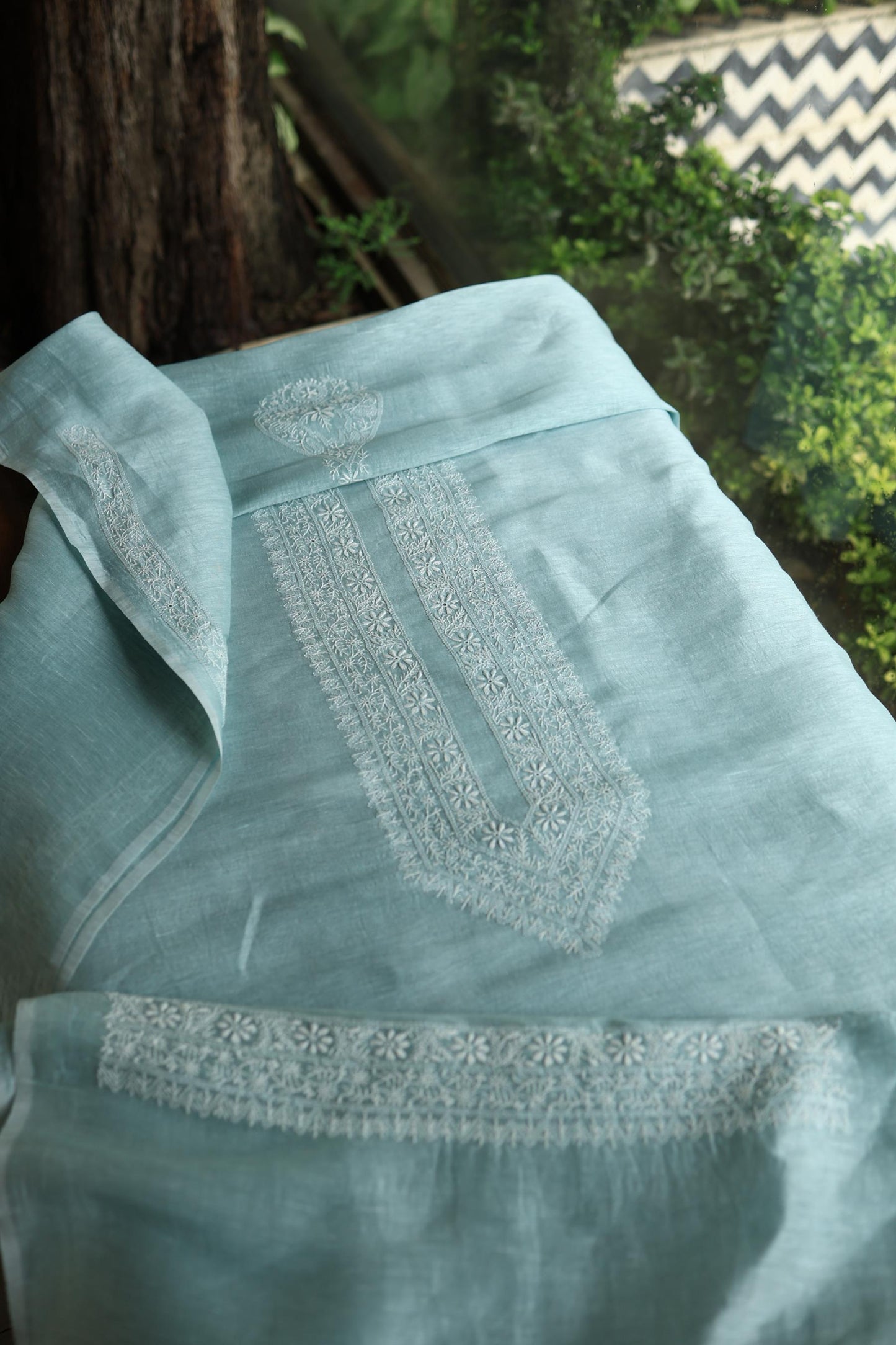 Coral Blue Linen Chikankari Unstitched Men's Kurtas Fabric