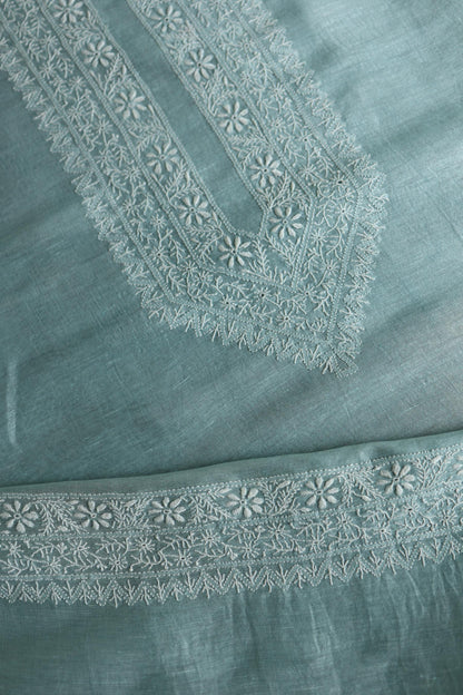 Coral Blue Linen Chikankari Unstitched Men's Kurtas Fabric