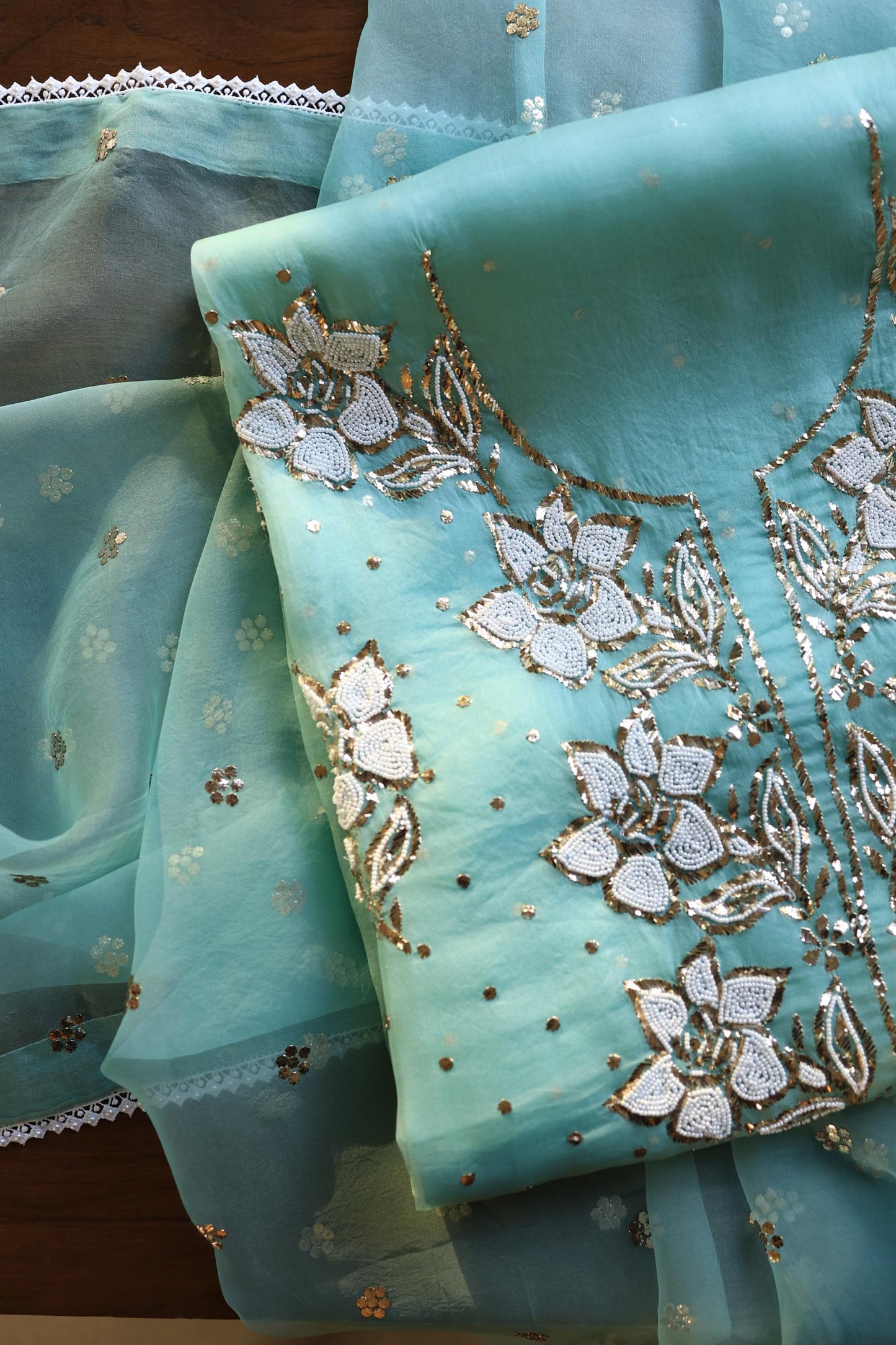 Coral Blue Shade Noor Organza Silk Mukaish Pearl Chikankari Unstitched Fabric